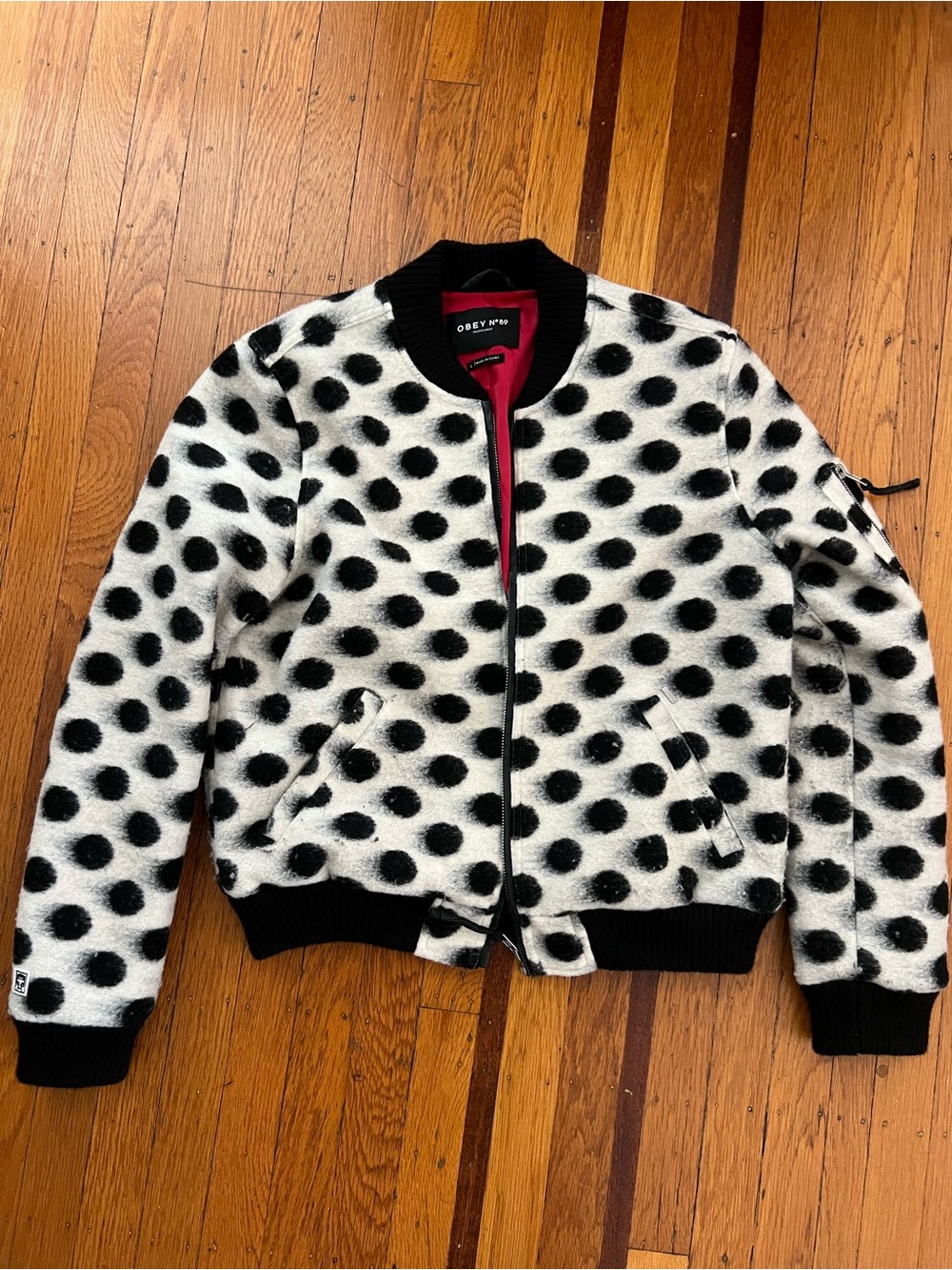 Obey La Ruine Wool Polka Dot Bomber Jacket black white L large EUC